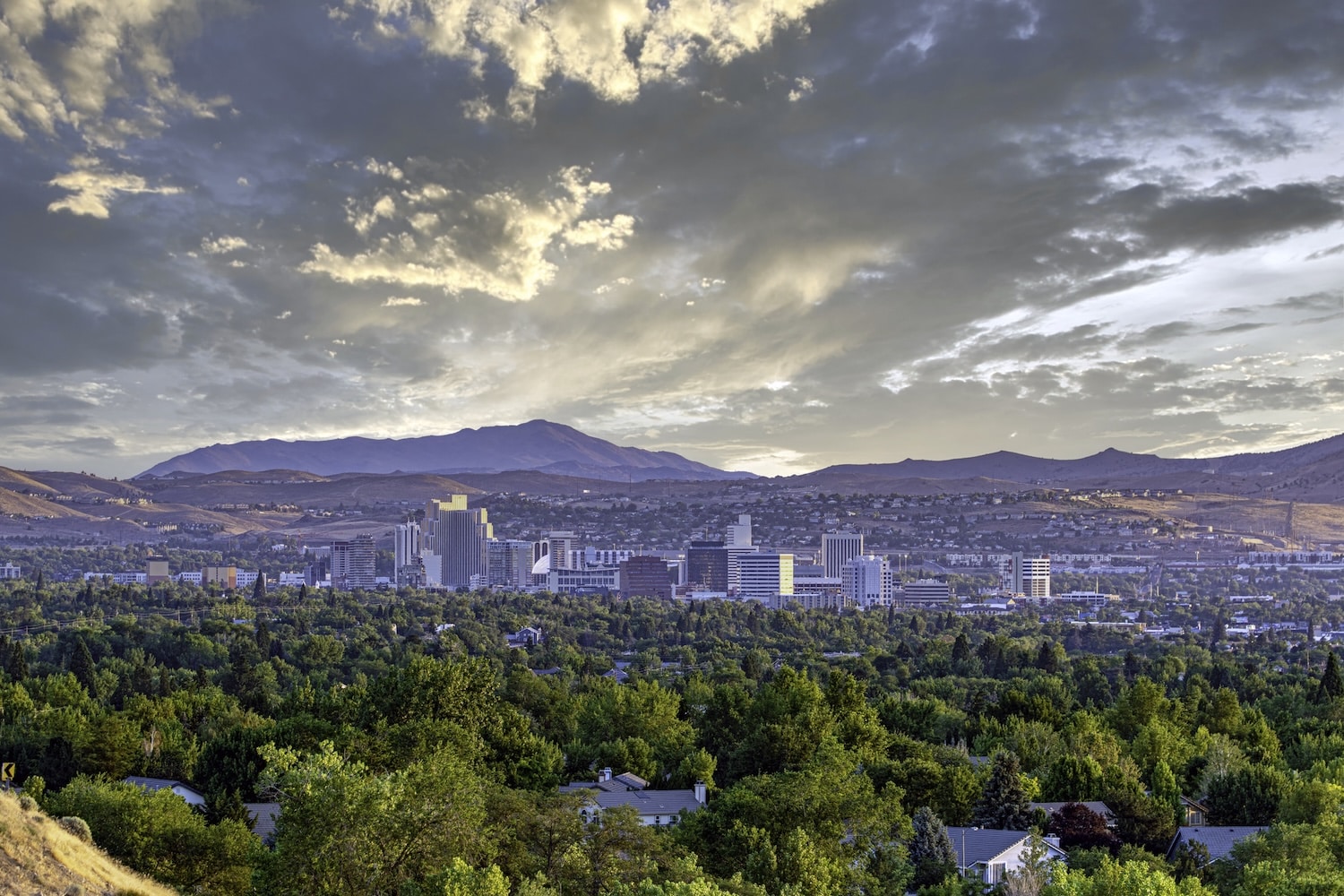 A landscape image of downtown Reno, Nevada with green trees in the foreground on a partly cloudy day